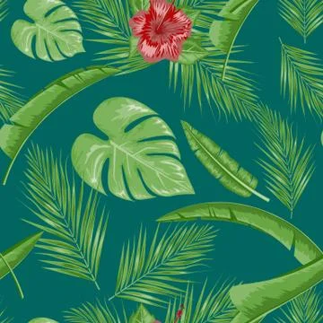 Exotic abstract vector jungle or tropical leaf and flower seamless pattern Stock Illustration