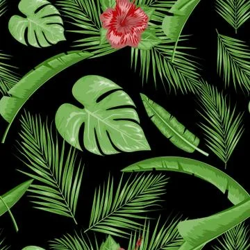 Exotic abstract vector jungle or tropical leaf and flower seamless pattern イラスト素材