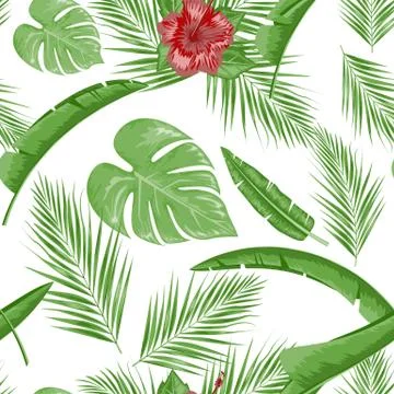 Exotic abstract vector jungle or tropical leaf and flower seamless pattern Stock Illustration