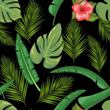 Exotic abstract vector jungle or tropical leaf and flower seamless pattern Illustrazione stock