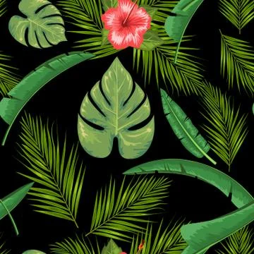 Exotic abstract vector jungle or tropical leaf and flower seamless pattern イラスト素材