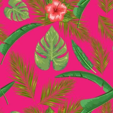 Exotic abstract vector jungle or tropical leaf and flower seamless pattern Illustrazione stock