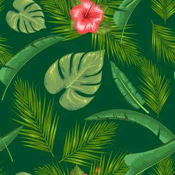 Exotic abstract vector jungle or tropical leaf and flower seamless pattern Illustrazione stock
