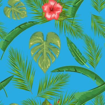 Exotic abstract vector jungle or tropical leaf and flower seamless pattern イラスト素材