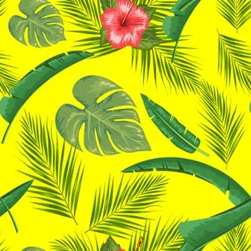 Exotic abstract vector jungle or tropical leaf and flower seamless pattern Stock Illustration
