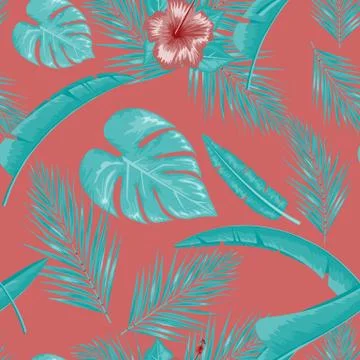 Exotic abstract vector jungle or tropical leaf and flower seamless pattern Stock Illustration
