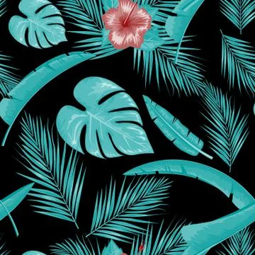 Exotic abstract vector jungle or tropical leaf and flower seamless pattern Stockillustratie