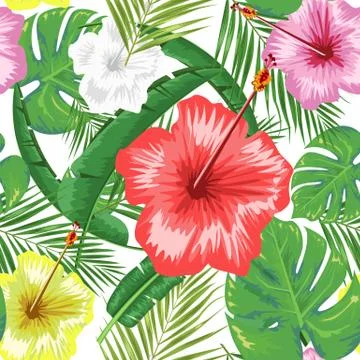 Exotic abstract vector jungle or tropical leaf and flower seamless pattern Stock Illustration