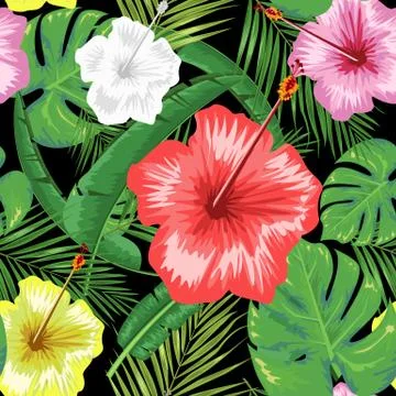 Exotic abstract vector jungle or tropical leaf and flower seamless pattern Illustrazione stock