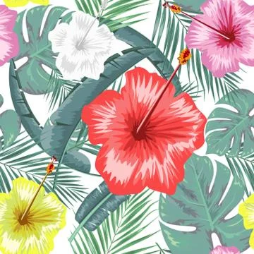Exotic abstract vector jungle or tropical leaf and flower seamless pattern Stock Illustration