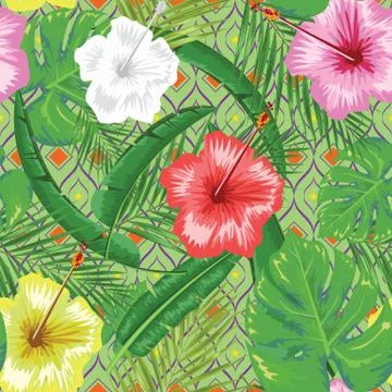Exotic abstract vector jungle or tropical leaf and flower seamless pattern Illustrazione stock