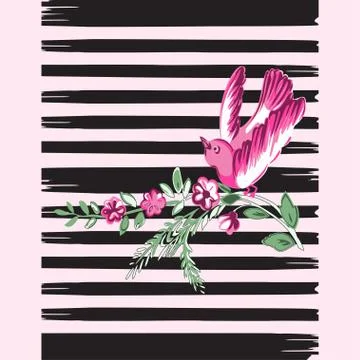 Exotic bird flying whit branch botanical tropical flowers print Stock Illustration