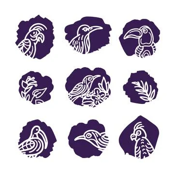 Exotic bird. Tropical set. Vector art sketch. Group of round sticker. Cockato Stock Illustration