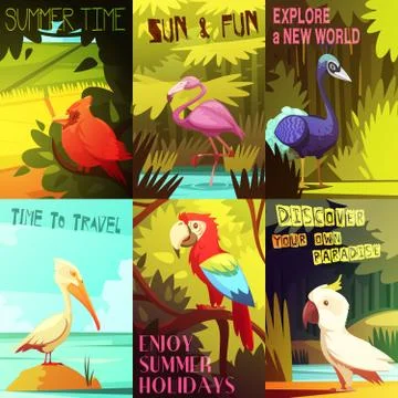 Exotic Birds 6 Posters composition Poster Stock Illustration