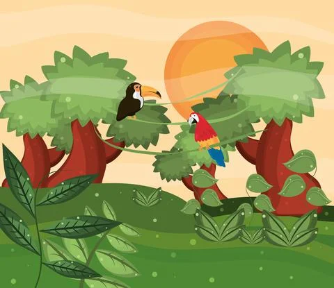 Exotic birds in jungle Stock Illustration