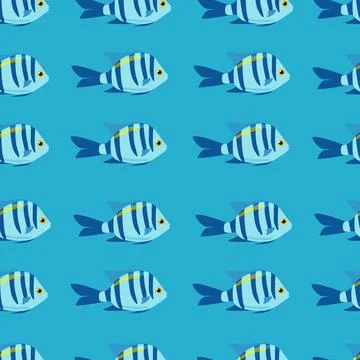 Exotic blue fish seamless pattern. Vector sea fish in flat style. Marine life. Stock Illustration