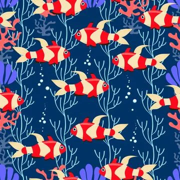 Exotic bright fish seamless pattern. Vector sea fish in flat style. Marine life Stock Illustration