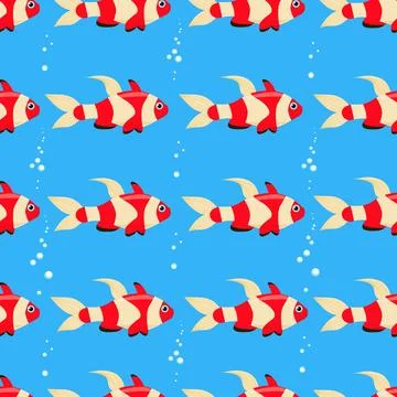 Exotic bright fish seamless pattern. Vector marine fish in flat style. Marine Stock Illustration