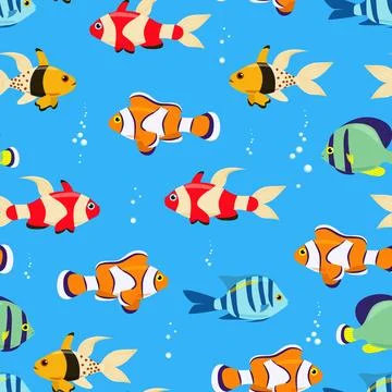 Exotic bright fish seamless pattern. Vector marine fish in flat style. Marine Stock Illustration