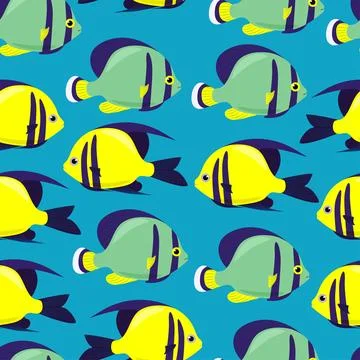 Exotic bright fish seamless pattern. Vector sea fish in flat style. Marine life Stock Illustration