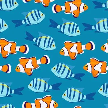 Exotic bright fish seamless pattern. Vector clown fish in flat style. Marine Stock Illustration