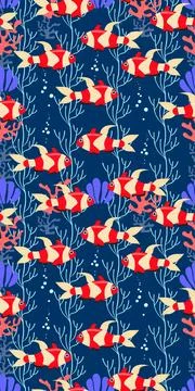 Exotic bright fish seamless pattern. Vector sea fish in flat style. Marine life イラスト素材