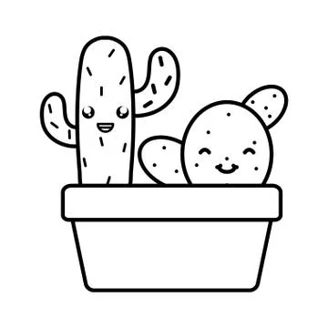 Exotic cactus plants in square ceramic pot kawaii characters Stock Illustration