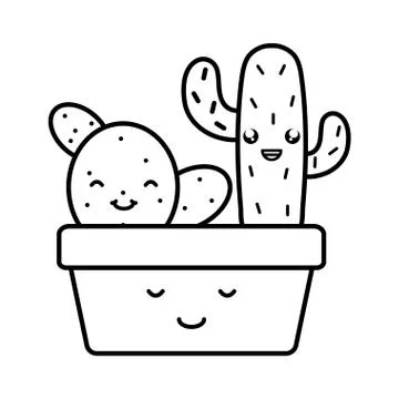 Exotic cactus plants in square ceramic pot kawaii characters Stock Illustration