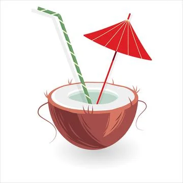 Exotic cocktail in a coconut shell with an umbrella and straw in trendy shades Stock Illustration
