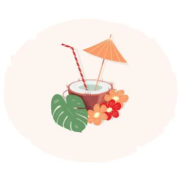Exotic coconut cocktail in a nut shell with an umbrella and straw in trendy Stock Illustration