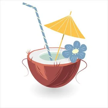 Exotic coconut cocktail in a nut shell with an umbrella and straw in trendy Stock Illustration