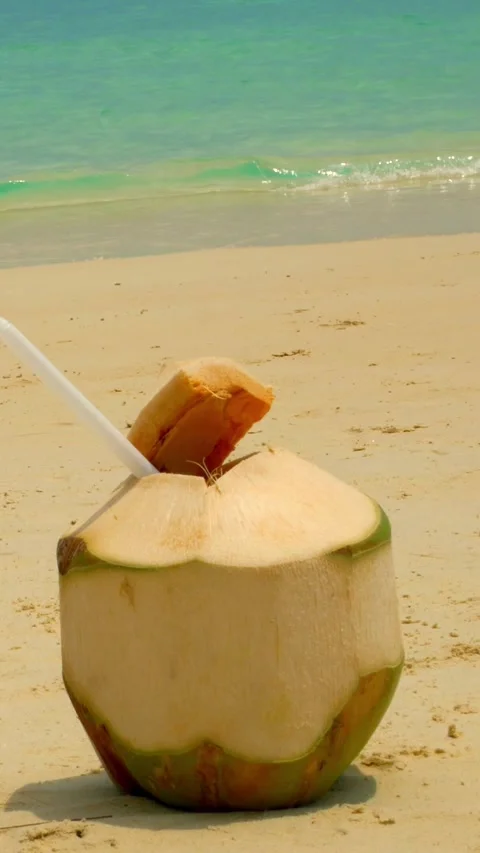 Exotic coconut drink resting on warm beach sand under tropical sun. Pure Stock Footage 285398304