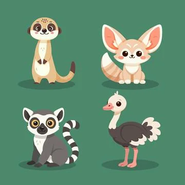 Exotic Cute African Animals Vector Set Lemur Fennec Ostrich Meerkat Stock Illustration