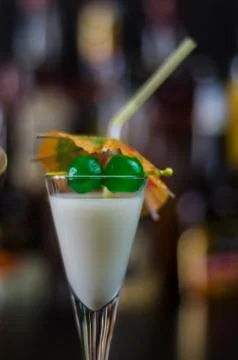 Exotic drink based on Malibu rum and other ingredients, cocktail prepared by  Stock Photos