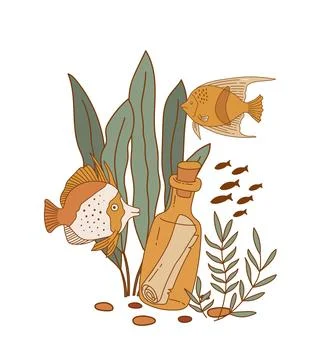 Exotic fish and a message in a bottle on the seabed. Undersea world. Aquarium al Stock-Illustration