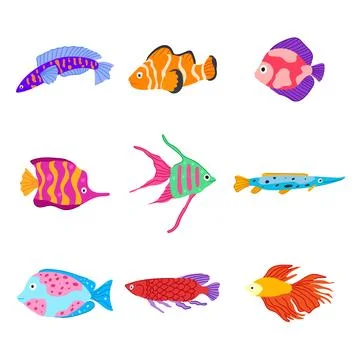 Exotic fish set cartoon vector illustration Stock Illustration