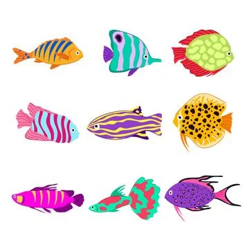 Exotic fish set cartoon vector illustration Stock Illustration