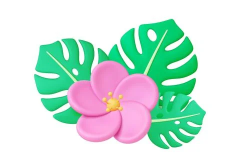 Exotic floral 3d elements. Flowers and tropical leaves. Decorative isolated Stock Illustration