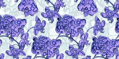 Exotic floral colored seamless pattern with spotty indigo orchid flowers. Stock Illustration