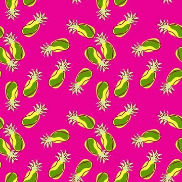 Exotic food seamless bright pattern with green and yellow pineapples shapes.  Stock Illustration