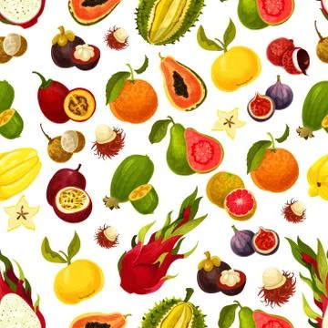 Exotic fresh fruits vector seamless pattern Stock Illustration