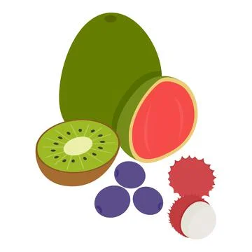 Exotic fruit icon isometric vector. Fresh ripe rambutan plum half kiwi and guava Illustrazione stock