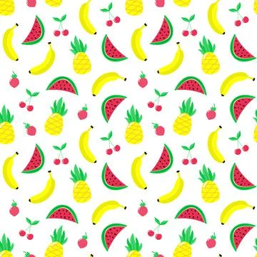 Exotic fruit seamless pattern with banana, pineapple, watermelon, cherry and  Illustrazione stock