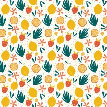 Exotic fruit seamless pattern in hand-drawn style. Fresh lemons, oranges, str 스톡 일러스트