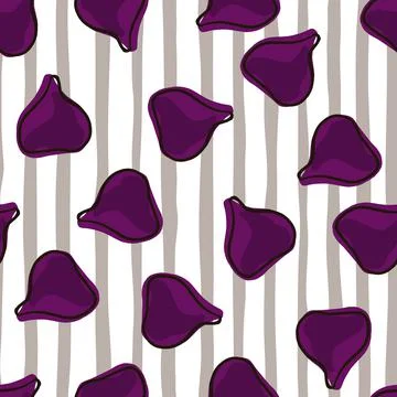 Exotic fruit seamless pattern with random purple fig ornament. Striped white  Illustrazione stock
