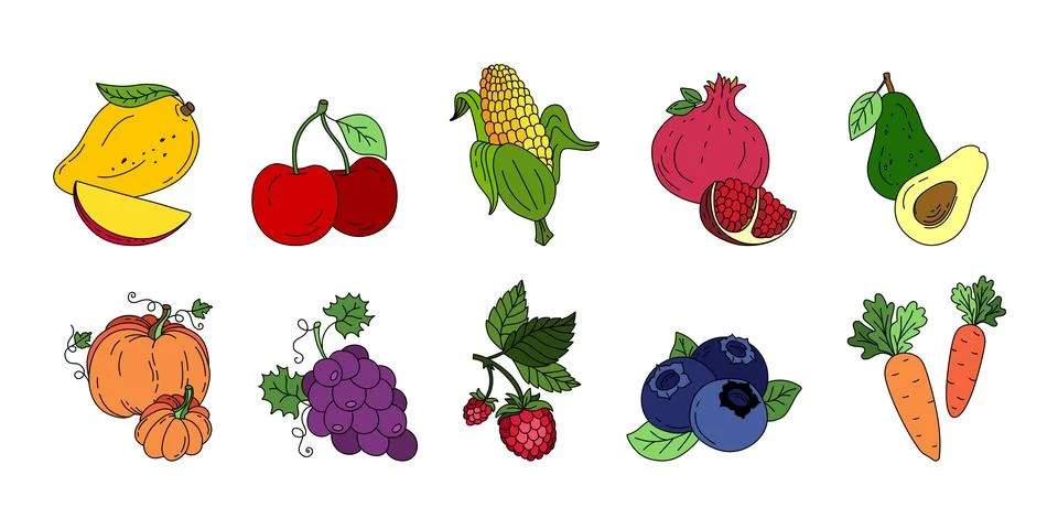 Exotic fruit set doodle Vector color illustration isolated on white backgroun Stock Illustration