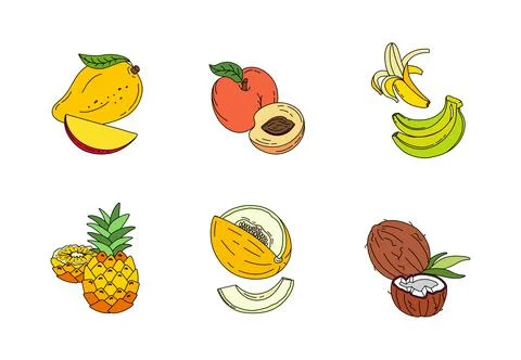 Exotic fruit set doodle Vector color illustration isolated on white backgroun Stock Illustration