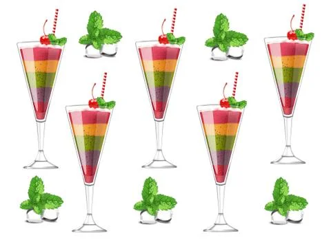 Exotic fruits cocktail pattern Vector realistic. Layers of different fruits s Stock Illustration