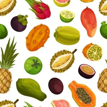 Exotic Fruits Seamless Pattern Design with Ripe and Juicy Tropical Food Vector Stock Illustration
