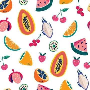 Exotic Fruits seamless pattern. Hand draw colorful fruit mix. Summer vibes.   스톡 일러스트